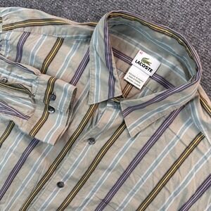 Lacoste Long Sleeve Button Woven Classic Fit Shirt Men's 42 Purple Green Stripes